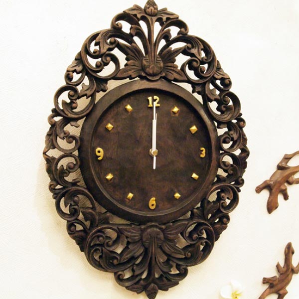 レリーフアートのような手彫りの木製壁掛け時計  ウッドレリーフ木製掛け時計 (ロータス)【47659】