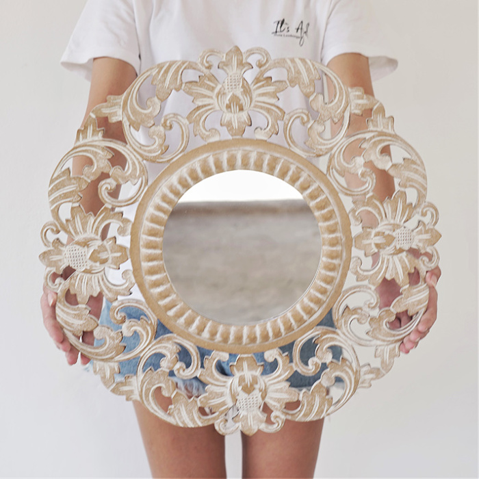 ウッドレリーフウォールミラー / 直径50cm【54154】 /アジアン雑貨